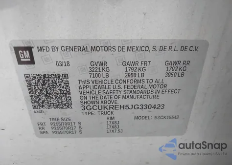 2018 Chevrolet Silverado 1500 1Lt z USA, uszkodzony, nr VIN 3GCUKREH5JG330423